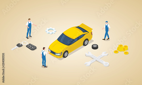 car service concept with team engineer technician mechanic with car and money as maintenance service with isometric modern flat style - vector