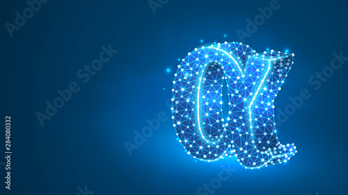 Alpha, the first letter of a Greek alphabet. Greek numerals, mathematical number one concept. Abstract, digital, wireframe, low poly mesh, Raster blue neon 3d illustration. Triangle, line dot