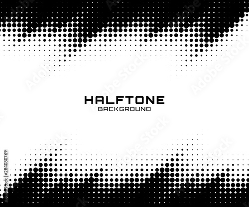 Halftone dots gradient pattern texture horizontal background. Frame using halftone circle zigzag grunge pattern for design of posters, flyers, brochures, covers. Vector zigzag spotted illustration.