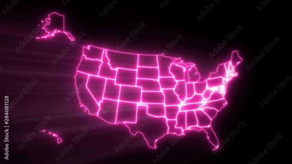 A detailed map of the United States of America, including Alaska and Hawaii, appearing with a neon laser light and a directional glow. A detailed map of the United States of America, including Alaska and Hawaii, appearing with a neon laser light and a directional glow.