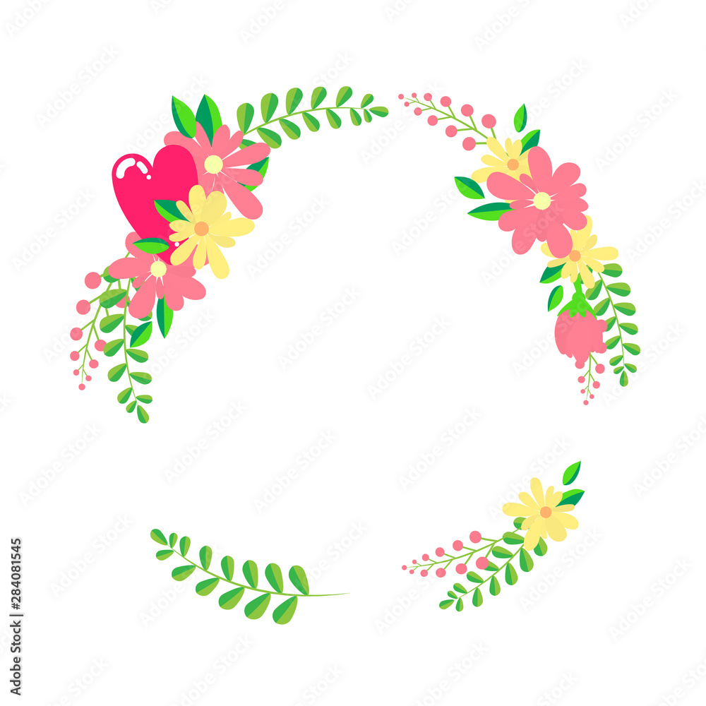 Floral wreath frame template in flat design style with wildflowers, heart and flower branches, copy space place for text. Print design element. Vector illustration