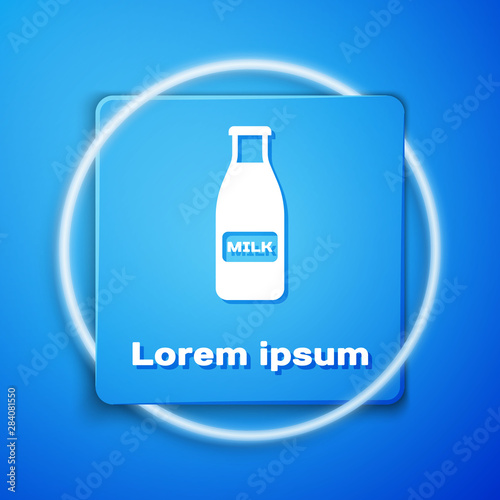 White Closed glass bottle with milk and cap icon isolated on blue background. Blue square button. Vector Illustration