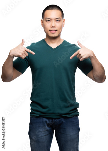 Asian model for green v-neck tshirt blank mockup template in your clothing design.