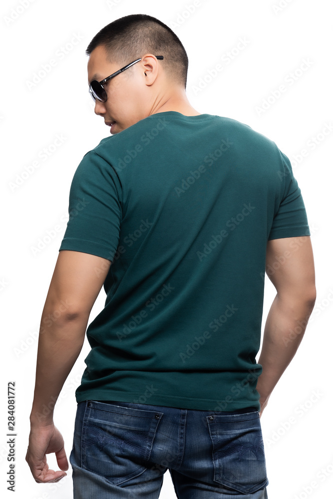 Fototapeta premium Asian model for green v-neck tshirt blank mockup template in your clothing design.