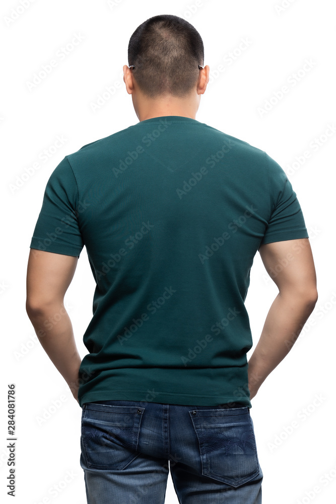 Fototapeta premium Asian model for green v-neck tshirt blank mockup template in your clothing design.