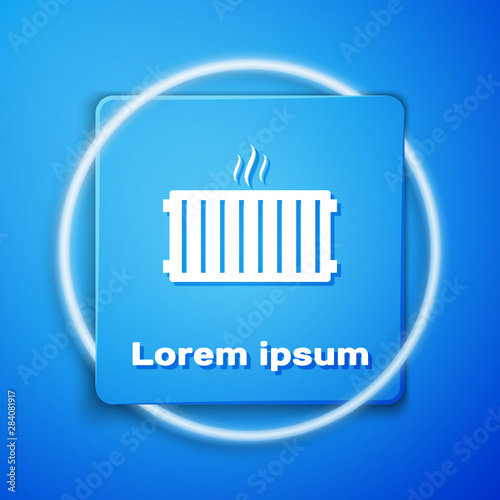 White Heating radiator icon isolated on blue background. Blue square button. Vector Illustration