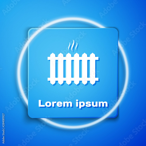 White Heating radiator icon isolated on blue background. Blue square button. Vector Illustration