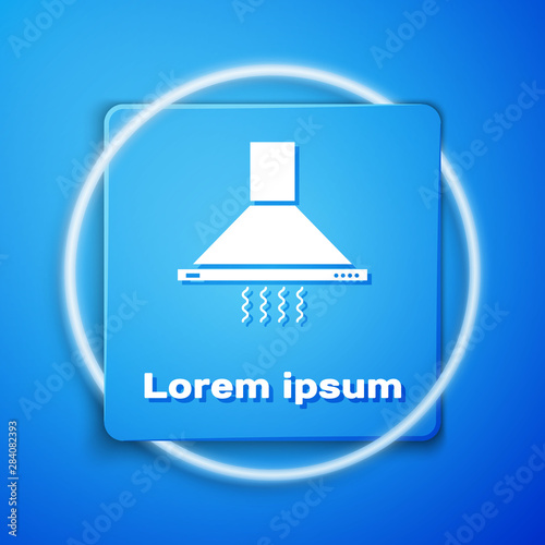 White Kitchen extractor fan icon isolated on blue background. Cooker hood. Kitchen exhaust. Household appliance. Blue square button. Vector Illustration