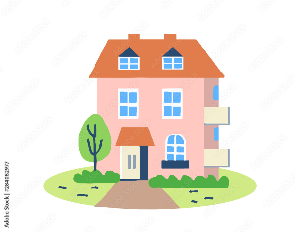 Pink house with a single tree and attic Pink house with a single tree and attic