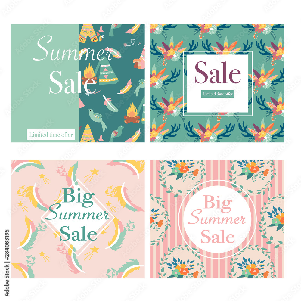 Set of 4 sale banners with bohemian summer elements.Vector elements. Creative template