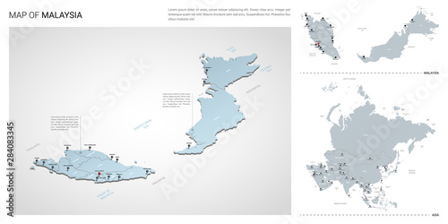 Vector set of Malaysia country.  Isometric 3d map  Malaysia map  Asia map - with region  state names and city names. 