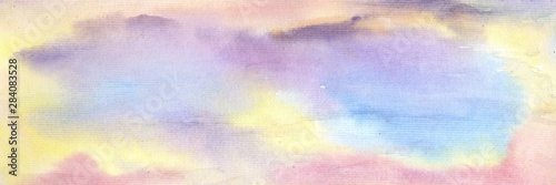 Abstract multicolored striped background with a texture of watercolor paper with rainbow colored spots of paint.