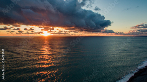 Aerial view of the sea landscape with a beautiful sunset