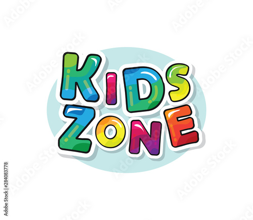 Kids zone bright colorful inscription. Cartoon paper cut out letters. Vector.