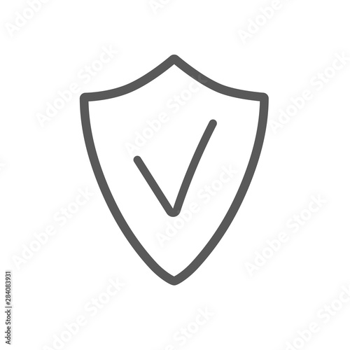 Security assurance icon with tick sign. Outline badge. Safety icon. Linear pictogram. Сontour vector image isolated on white background.