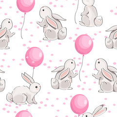 Deken met foto Dieren met ballon patronen Cute seamless pattern with hares and balloons on white background.  © Ella