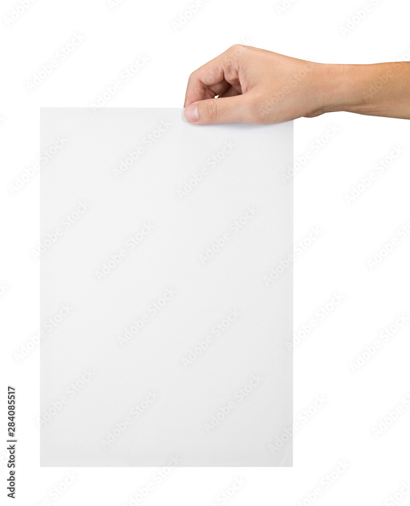Hand with blank sheet of paper isolated on white with clipping path Hand with blank sheet of paper isolated on white with clipping path
