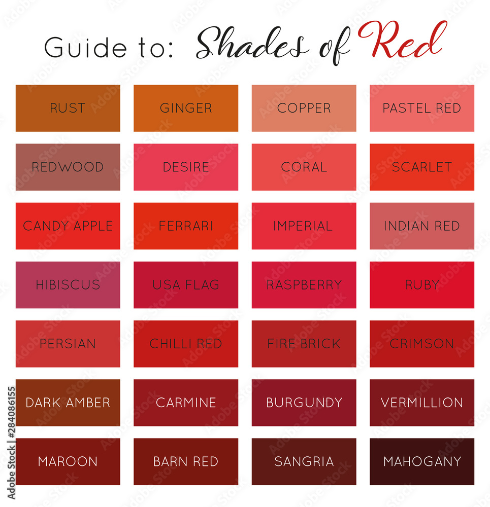 Guide To Shades Of Red Color Palette With Names Vector Stock Vector 