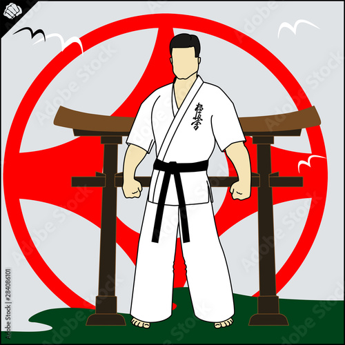 Karate emblem. Hierogliph Kyokushinkai translate Way New Karate. Martial art creative colored simbol design.