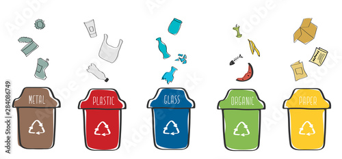 Set of isolated trash cans with sorted garbage. Different types of garbage: Organic, Plastic, Metal, Paper, Glass. Vector cartoon concept of Waste sorting. Collection of garbage types