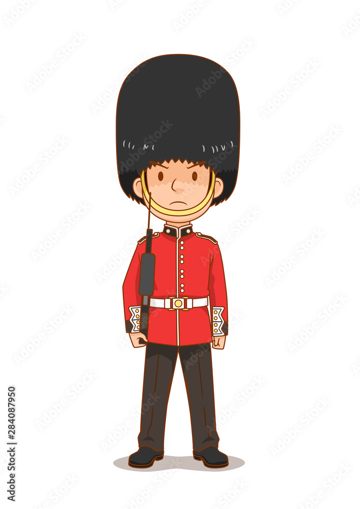 Cartoon character of British Royal Guard in traditional uniform, British soldier. Stock Vector