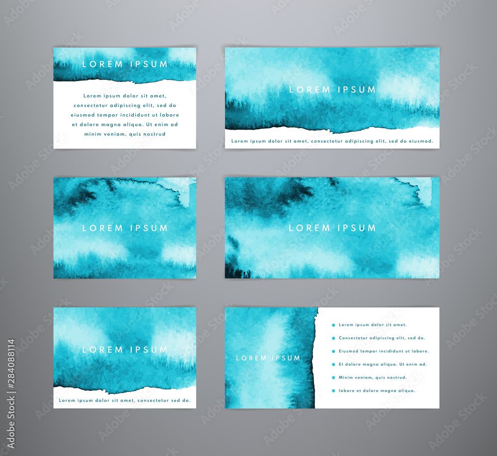 Set of abstract horizontal blue watercolor templates. Sea watercolor backgrounds. Templates for banner, flyer, list, ad, cover,  web page, business card