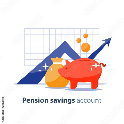 Future investment, time is money, pension fund, superannuation finance, piggy bank, vector illustration