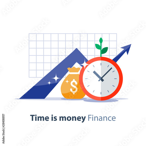 Future investment, time is money, pension fund, superannuation finance, money bag, vector illustration