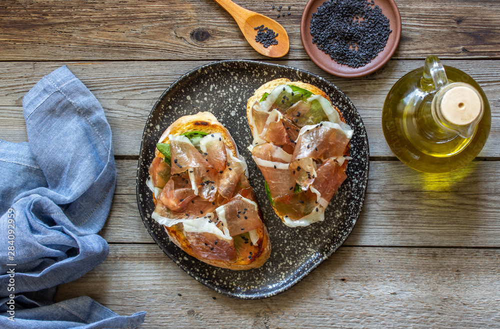 Bruschetta with prosciutto . Italian cuisine. National food. Bruschetta with prosciutto . Italian cuisine. National food.