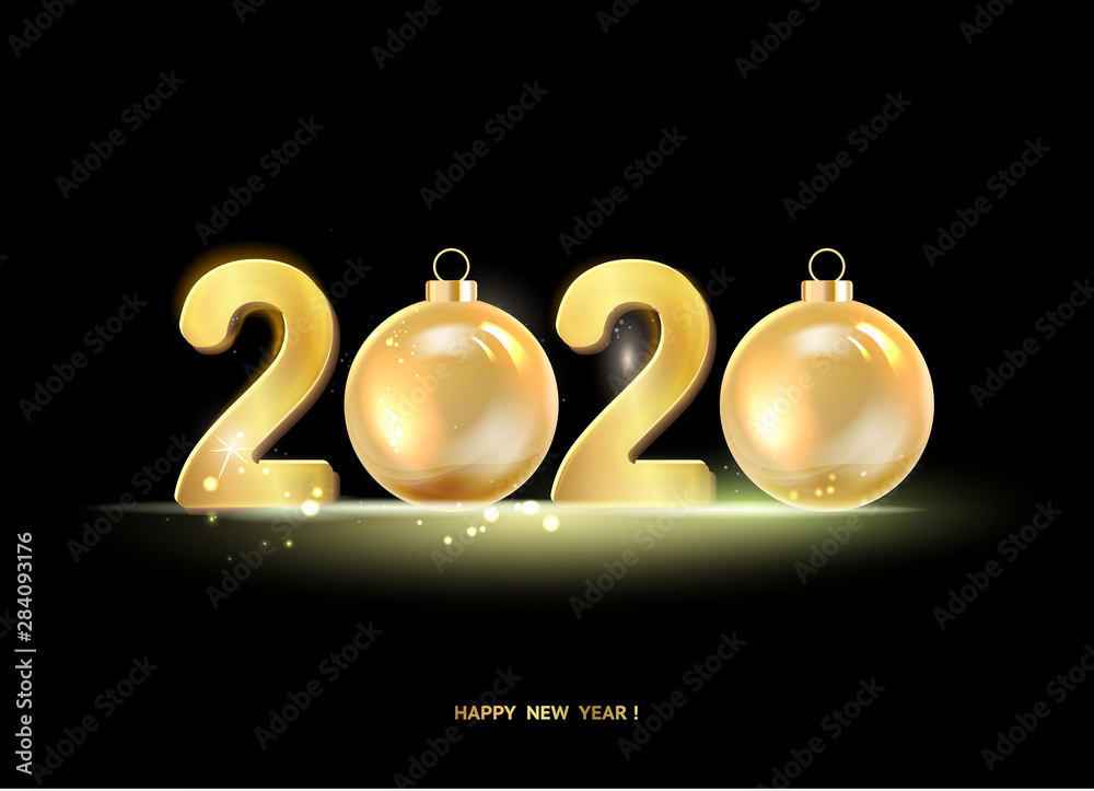 Golden hristmas balls on black background with text 2020. Vector illustration.