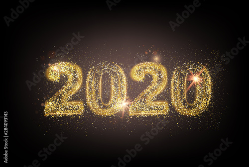 New year 2020 composition with fireworks and sparks. Template for your design. Vector illustration.