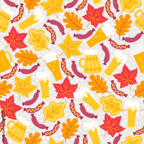 Oktoberfest seamless pattern with beer, sausage, maple and oak leaves