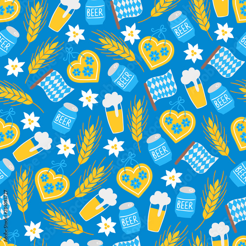 Oktoberfest seamless pattern with gingerbread, beer, bottle, bavarian flag, edelweiss