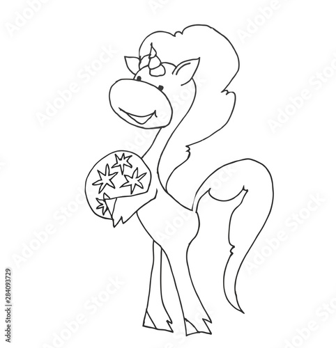 Coloring book for kids - standing on hind legs  and holds a plate with stars. Black and white cute cartoon unicorns. Vector illustration.