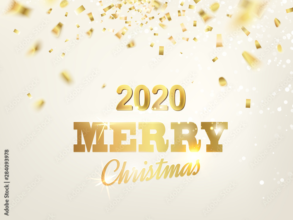 Christmas card with calligraphic text over background with golden sparks. Merry Christmas greeting card. Vector illustration.
