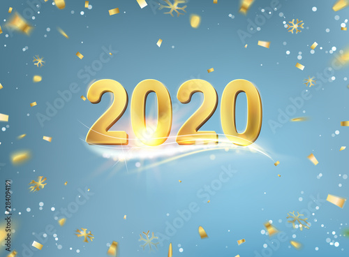 2020 New year background. Holiday label with fallen golden glitter confetti over blue backdrop. Calendar design template.
