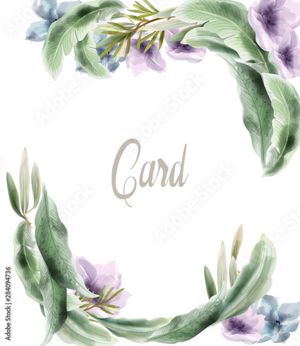 Green card leaves Vector watercolor. Summer round tropic botanical posters