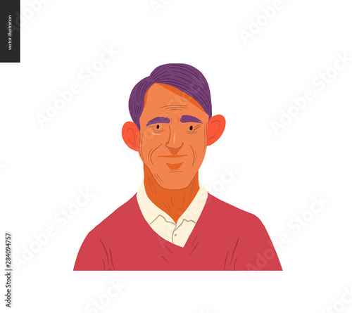 Real people portrait - hand drawn flat style vector design concept illustration of a young brunette man, face and shoulders avatar. Flat style vector icon