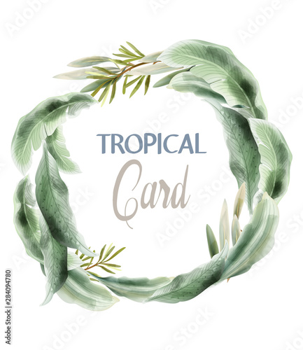 Green card leaves Vector watercolor. Summer round tropic botanical posters