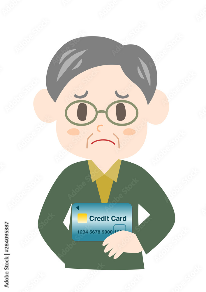 クレジットカードを持つシニア男性のイラスト: 困った顔