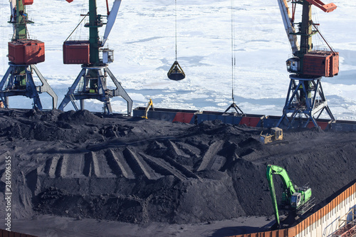 Open-pit coal loading at the port of Vladivostok. The terminal station of the Trans-Siberian Railway.
