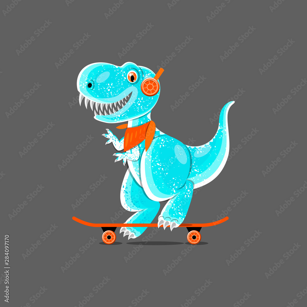 Dinosaur teen ride a skateboard. Funny cartoon characters