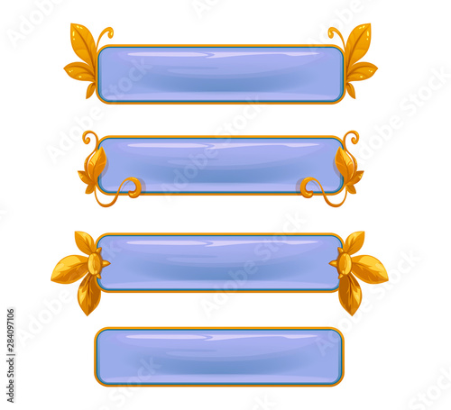 Decorative metal banner headers for game or web design. Horizontal cartoon buttons. Isolated on white background.