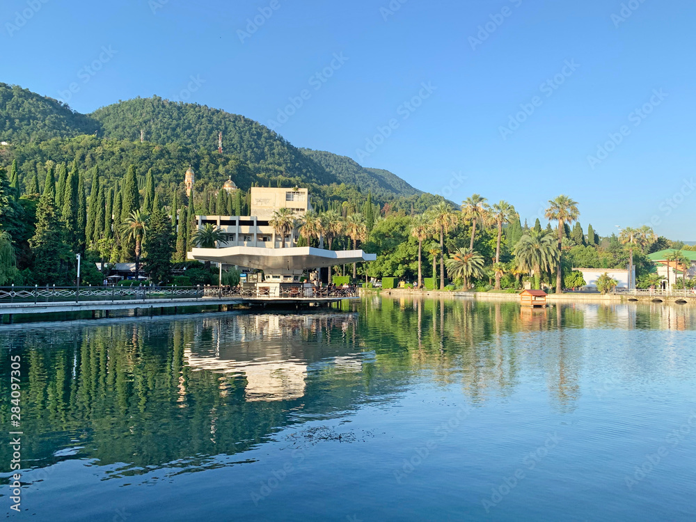 New Athos, Abkhazia,  the bank of  the pond in summer