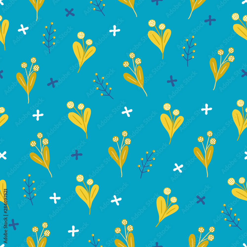 Christmas seamless pattern with mistletoe and berries on blue background