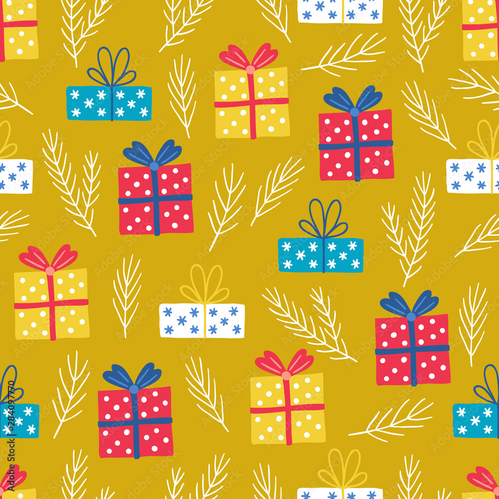 Christmas seamless pattern with gifts and fir branches