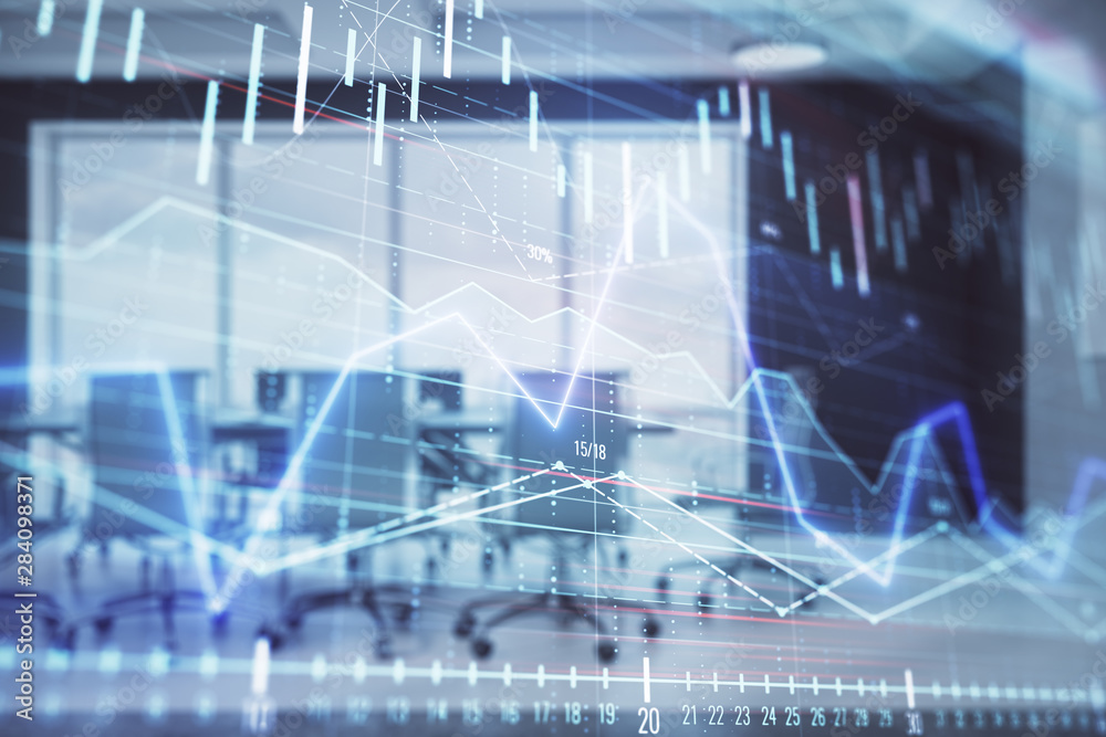 Double exposure of forex chart on conference room background. Concept of stock market analysis Double exposure of forex chart on conference room background. Concept of stock market analysis