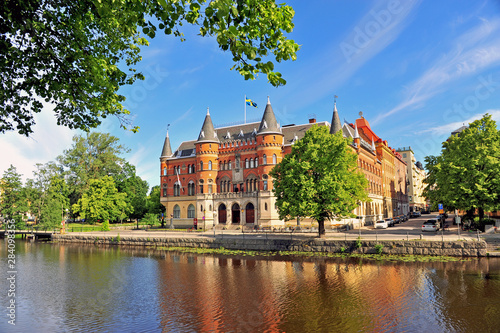 Facade of historical building by the river in Orebro, Sweden.