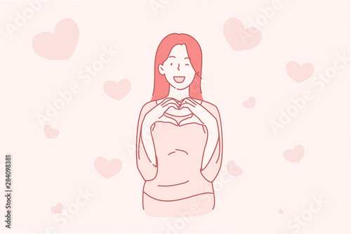Love, valentines day concept. Young Beautiful Romantic Woman making Heart Shape with her Fingers. Smile face girl wear lifestyle. Cartoon flat Design Isolated Vector illustration