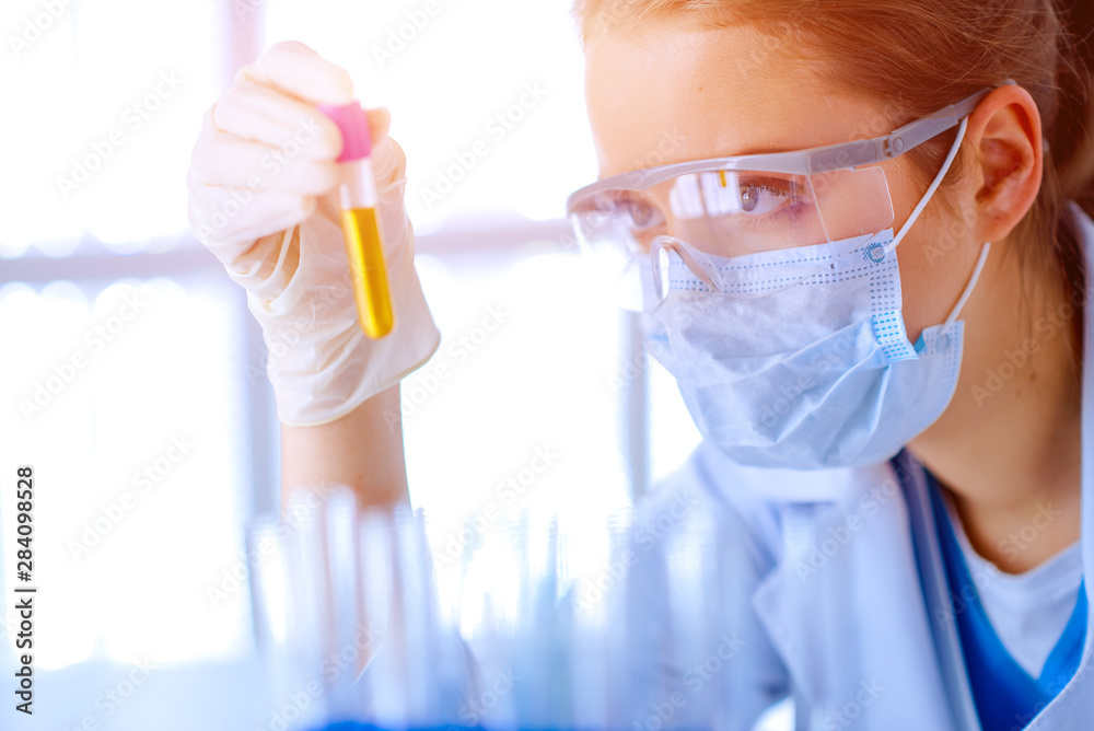 Fototapeta premium Woman holding test tube. Chemist is analyzing sample in laboratory room